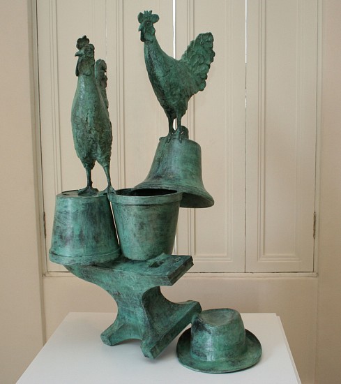 GUY DU TOIT, COCKS ON BELL AND FLOWER POTS ON ANVIL WITH A HAT AND BABOON SKULL
BRONZE