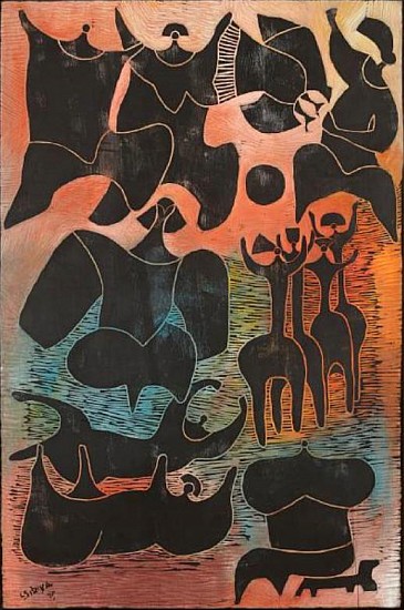 LUCKY SIBIYA, ABSTRACT FIGURES
1978, PAINTING ON INCISED PANEL