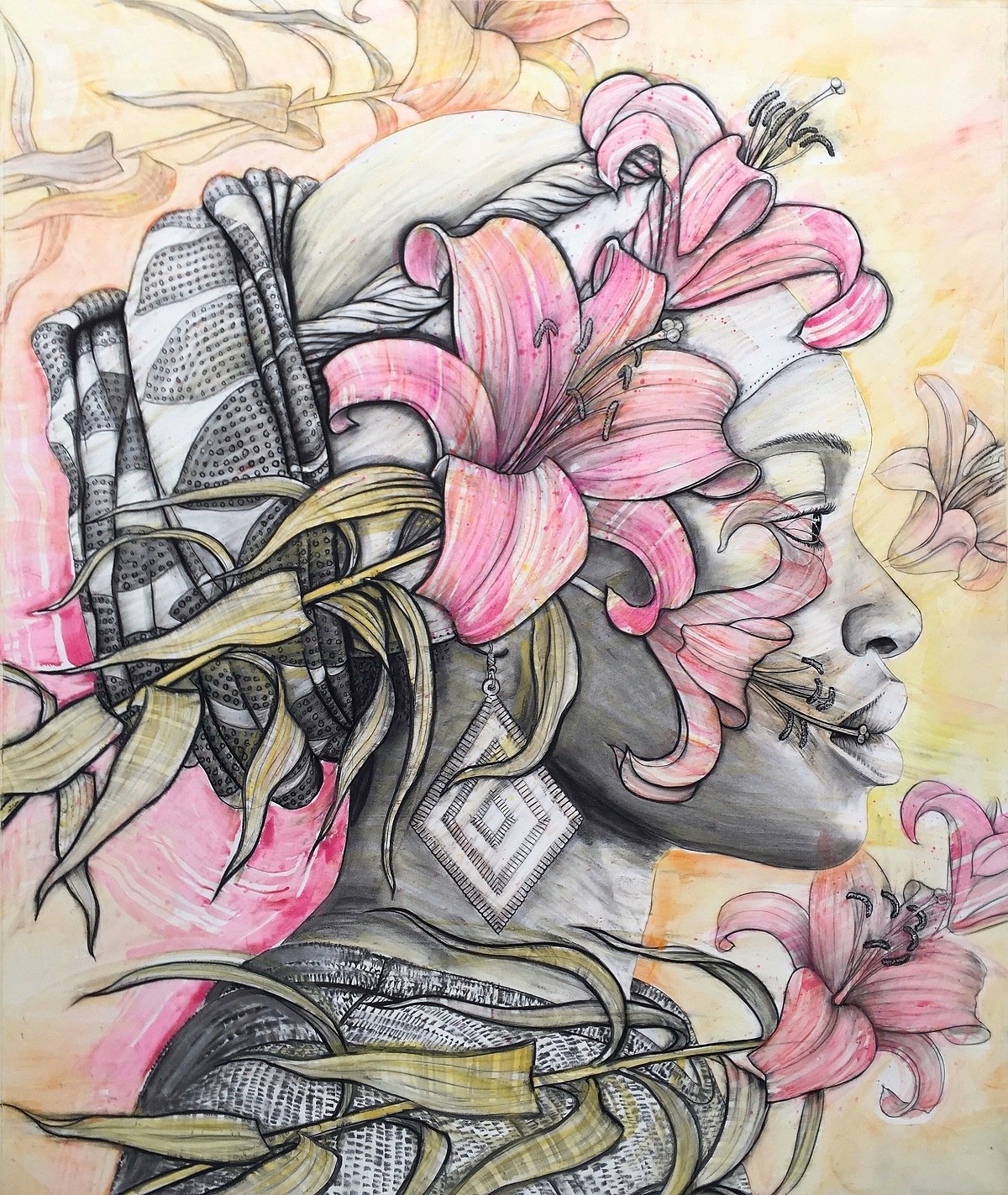 21 annunciation leticia with pink lillies 180 x 132 chalk pastel and charcoal on paper