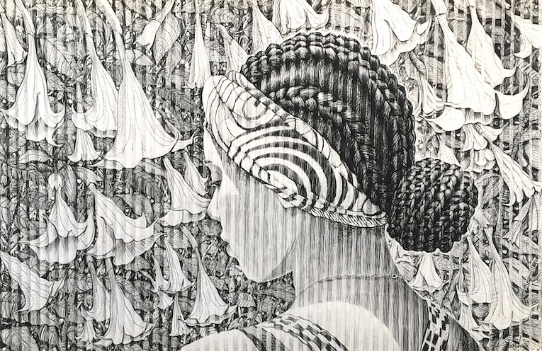 GARY STEPHENS, AMBER WITH MOONFLOWERS AND BRAIDS
2018, CHARCOAL ON FOLDED PAPER