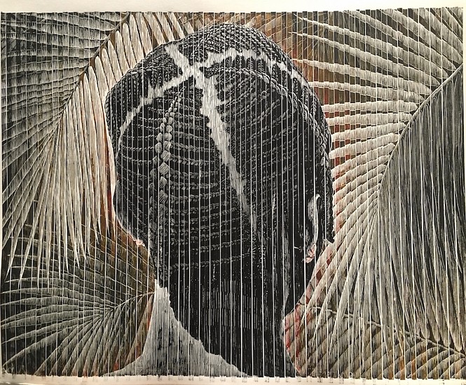 GARY STEPHENS, PATIENCE WITH SHIMMERING PALM
2018, FOLDED LINOLEUM PRINT ON PAPER WITH STRING SYSTEM, COLOUR VERSION