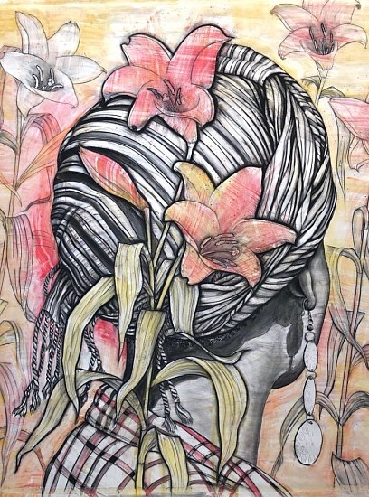 GARY STEPHENS, IZIAN WITH STRIPED SCARF AND PINK LILIES
2018, CHALK PASTEL AND CHARCOAL ON PAPER
