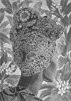 c lino print rachel with plumeria 72 x 53.5. framed size 95 x 74 folded with string system