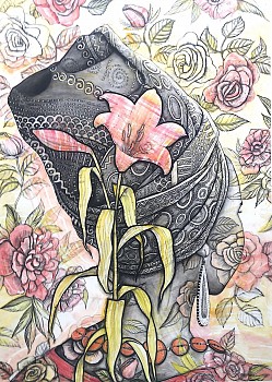 Zama Drawing with Rose Pattern and Red Button Necklace