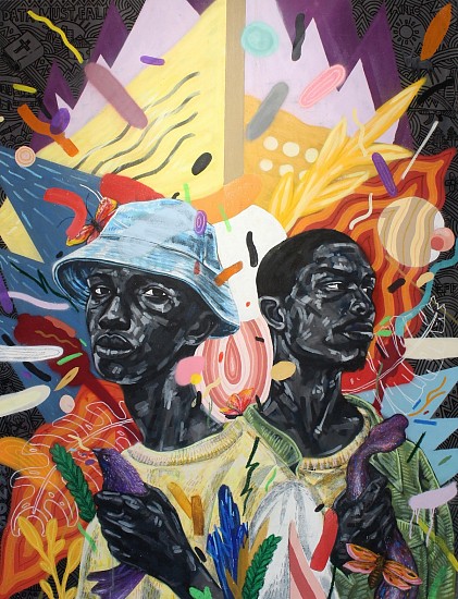SKUBALISTO, DIE BROEDERBOND (COLLABORATION WITH LISOLOMZI PIKOLI)
2020, SPRAYPAINT, ACRYLIC, MARKER AND OIL PASTEL ON CANVAS