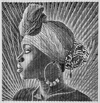 a lino leticia with fan palm folded linolium print on paper with string system 62 x 62 black white version framed size 86 x 86 copy