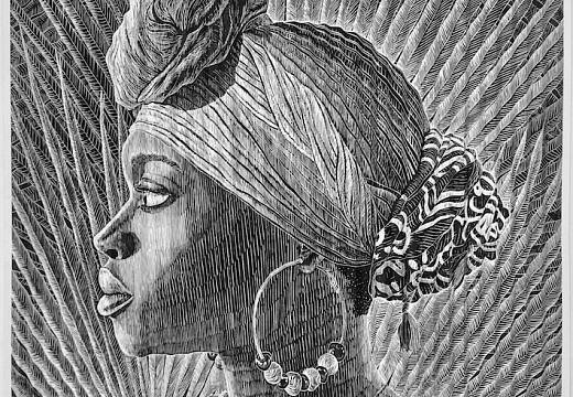 a lino leticia with fan palm folded linolium print on paper with string system 62 x 62 black white version framed size 86 x 86 copy