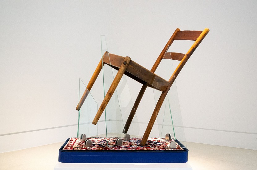 WARREN MAROON, BEASTS BOUNDING THROUGH TIME
2022, WOOD, GLASS, RUG AND STAINLESS STEEL
