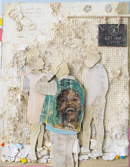 THONTON KABEYA, SOCIAL TIME V
2023, WALNUT POWDER, CHALK PAINT & NEWSPAPER INK TRANSFERRED ON SCULPTING CANVAS