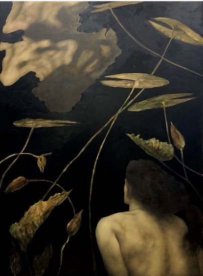 SHANY VAN DEN BERG, SWIMMING IN THE NIGHT WITH LILLIES & REFLECTION AS POINTERS
2019, OIL ON BOARD