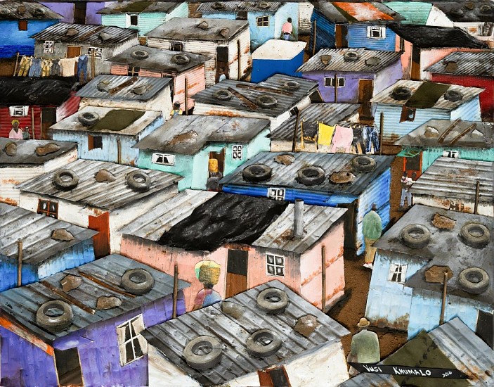 VUSI KHUMALO, CITY BLUES INFORMAL SETTLEMENT
MIXED MEDIA COLLAGE ON PLYWOOD BOARD