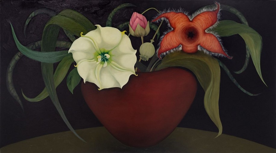 SHANY VAN DEN BERG, 'WHITE FLOWER', LOTUS EN AASBLOM TESAAM,
OIL ON FRENCH LINEN