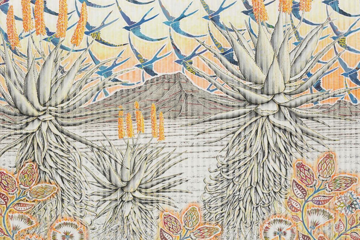 website 6) Three Graaf Reinet Aloes with Blue Swallow Sky, 153 x 185cm, chalk pastel and newsprint on pleated paper, 2025