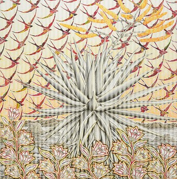 3 mountain sanctuary aloe with red swallow sky 182 x 182cm chalk pastel and newsprint collage on pleated paper