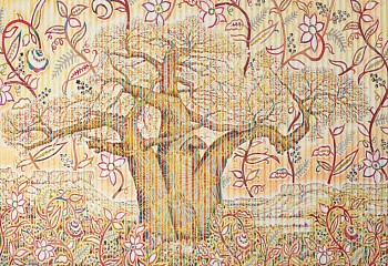 2 red blue baobab with vine pattern sky 132 x 190 chalk pastel and newsprint collage on pleated paper