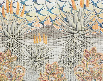 6 three graaf reinet aloes with blue swallow sky 153 x 185cm chalk pastel and newsprint on pleated paper