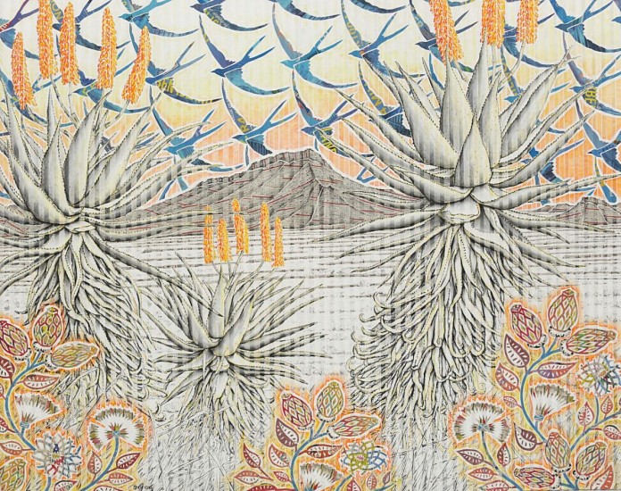 GARY STEPHENS, GRAAFF REINET, THREE ALOES UNDER A BLUE SWALLOW SKY
CHALK PASTEL AND NEWSPRINT COLLAGE ON PLEATED PAPER