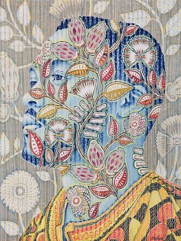 7 blue ariel with seed pod pattern 150x 114cm chalk pastel and newsprint collage on pleated paper