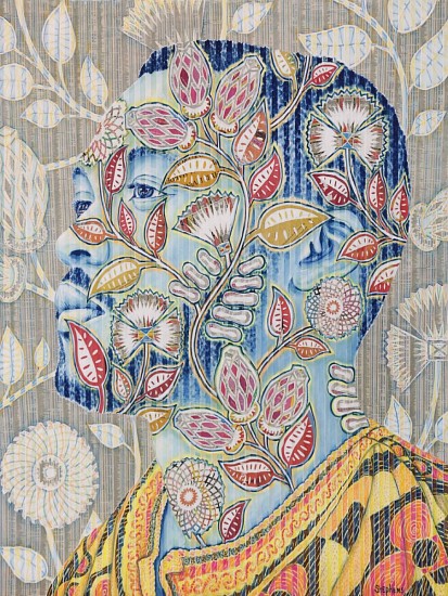 GARY STEPHENS, BLUE ARIEL WITH SEED POD PATTERN
CHALK PASTEL AND NEWSPRINT COLLAGE ON PLEATED PAPER