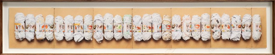MARK RAUTENBACH, DO I NEED TO SPELL IT OUT FOR YOU (THE EDUCATOR'S NEW CLOTHES SERIES) 1/1<br />
HAND STITCHED ARCHIVAL PRINT - ALPHABET YARN MADE FROM EDUCATION DOCUMENTS