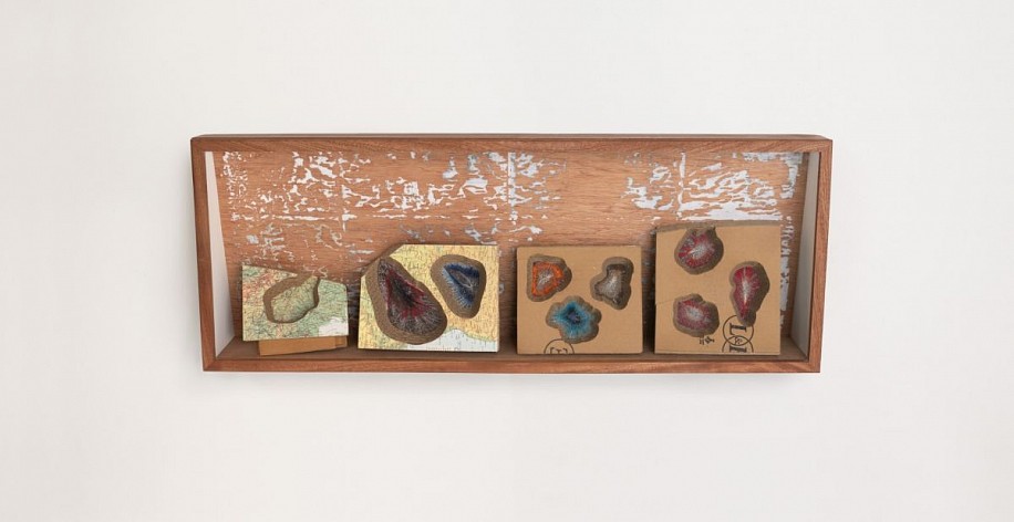 MARK RAUTENBACH, HEAR AND THEIR 2/5 (SOMEWHERE / VERY LONG LANDSCAPE, WORLDING SERIES)
CORRUGATED CARDBOARD, PAGES FROM AN ATLAS, SEWING THREAD, PAPER & BOARD