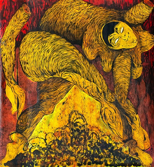 LADY SKOLLIE, THE HEAT IS COMING FROM RIGHT UNDER ME: DISLOCATION TO CREATE
2025, Mixed Media on Paper