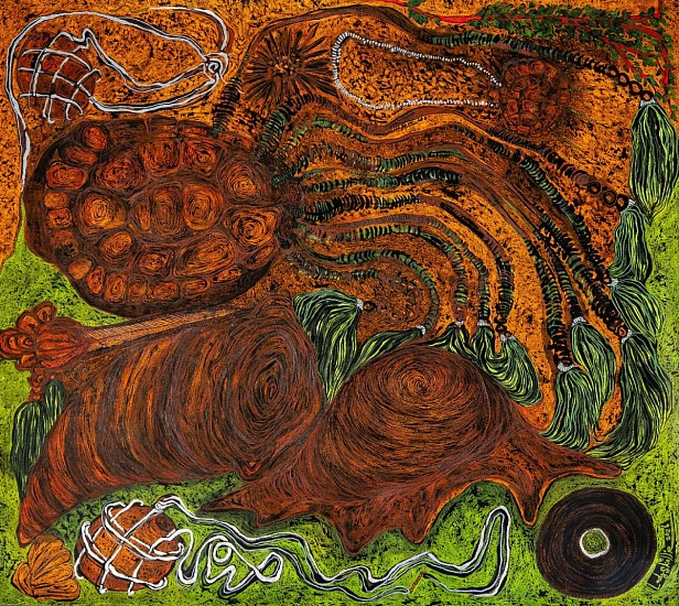 LADY SKOLLIE, SEASHELLS, TORTOISE SHELLS, OSTRICH SHELL AND LITUITES STILL LIFE WITH BUCHU AT A PLACE THAT WAS PROBABLY A SEASHORE
2026, CRAYON, INK & SILVER LEAF ON FABRIANO