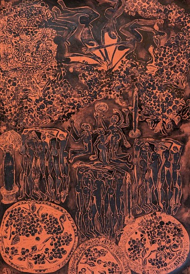 LADY SKOLLIE, AS ABOVE, SO BELOW: DRUNK ANCESTORS
2026, LINOCUT, INK & CRAYON ON FABRIANO