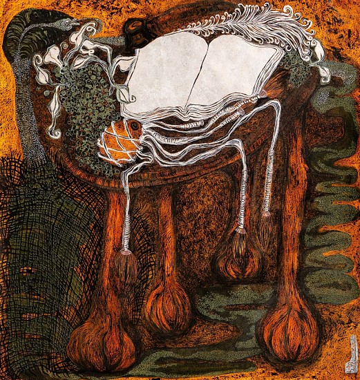 LADY SKOLLIE, TRYING TO LEARN ABOUT US BUT THE BOOK IS EMPTY AND THE QUILL HAS RUN DRY. THE SNAKE ESCAPED THE BAG THROUGH A HOLE AND THE BALL AND CLAW TABLE IS WONKY
2025, CRAYON, INK & SILVER LEAF ON FABRIANO