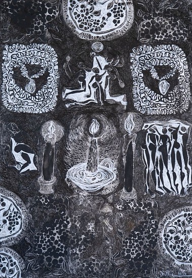 LADY SKOLLIE, AS ABOVE, SO BELOW: DRUNK ANCESTORS II
2026, LINOCUT, INK & CRAYON ON FABRIANO