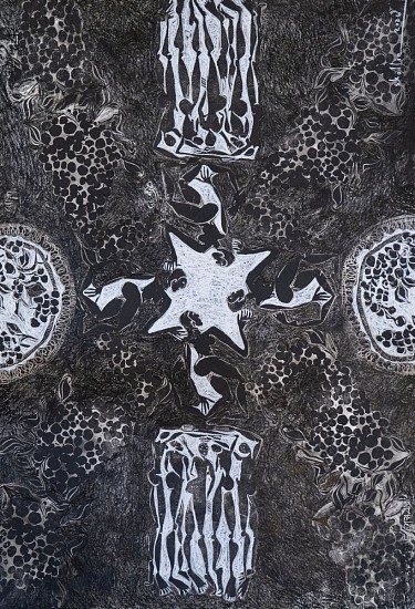 LADY SKOLLIE, SOUR GRAPES PLATTERS II
2026, LINOCUT, INK & CRAYON ON FABRIANO