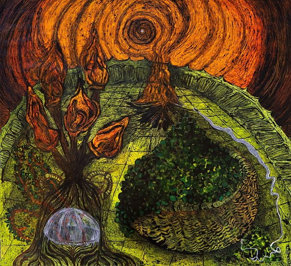 LADY SKOLLIE, THE VIEW: SUNSET FIRE WITH GRAPES, A SNAKE AND BUCHU IN A GLASS DOME
2025, CRAYON, INK & SILVER LEAF ON FABRIANO